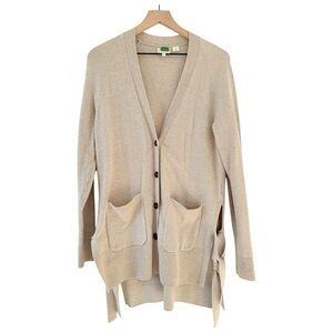 Anthropologie Light Tan Side Split Tie Longline Button-Up Sweater size small